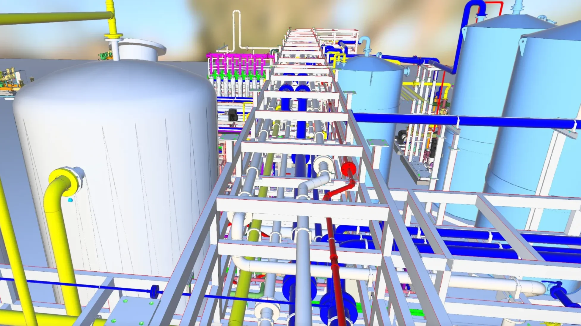 3D de Vista superior - racks de tuberías y skids - planta WTP en CCGT de Ostroleka